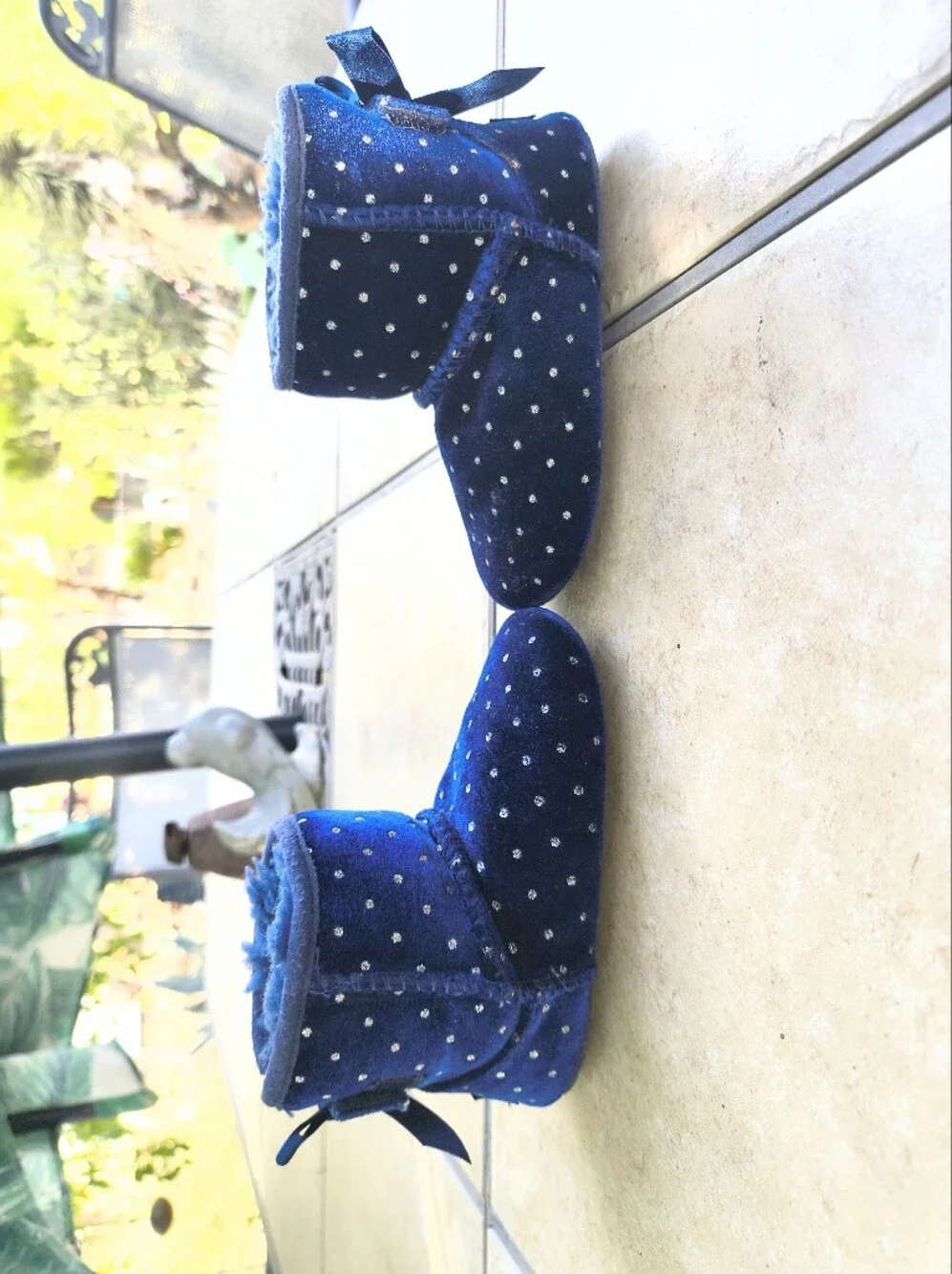 UGG Kids Bailey Bow Starlight Navy Blue Velvet Polka Dot Booties with Bow